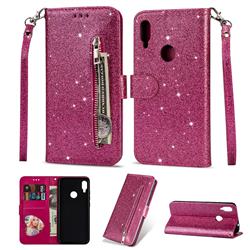 Glitter Shine Leather Zipper Wallet Phone Case for Xiaomi Mi Redmi Note 7S - Rose