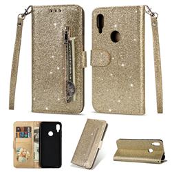 Glitter Shine Leather Zipper Wallet Phone Case for Xiaomi Mi Redmi Note 7S - Gold