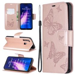 Embossing Double Butterfly Leather Wallet Case for Mi Xiaomi Redmi Note 8 - Rose Gold