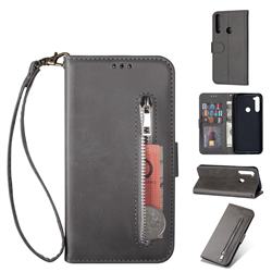 Retro Calfskin Zipper Leather Wallet Case Cover for Mi Xiaomi Redmi Note 8 - Grey