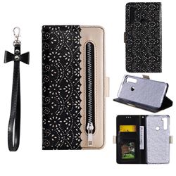 Luxury Lace Zipper Stitching Leather Phone Wallet Case for Mi Xiaomi Redmi Note 8 - Black
