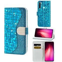 Glitter Diamond Buckle Laser Stitching Leather Wallet Phone Case for Mi Xiaomi Redmi Note 8 - Blue