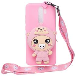 Pink Pig Neck Lanyard Zipper Wallet Silicone Case for Mi Xiaomi Redmi Note 8 Pro