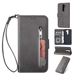 Retro Calfskin Zipper Leather Wallet Case Cover for Mi Xiaomi Redmi Note 8 Pro - Grey