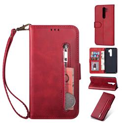 Retro Calfskin Zipper Leather Wallet Case Cover for Mi Xiaomi Redmi Note 8 Pro - Red