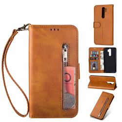 Retro Calfskin Zipper Leather Wallet Case Cover for Mi Xiaomi Redmi Note 8 Pro - Brown