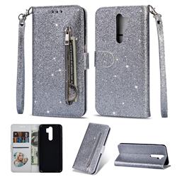 Glitter Shine Leather Zipper Wallet Phone Case for Mi Xiaomi Redmi Note 8 Pro - Silver