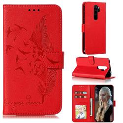 Intricate Embossing Lychee Feather Bird Leather Wallet Case for Mi Xiaomi Redmi Note 8 Pro - Red