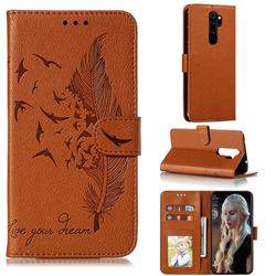 Intricate Embossing Lychee Feather Bird Leather Wallet Case for Mi Xiaomi Redmi Note 8 Pro - Brown