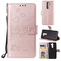 Embossing Owl Couple Flower Leather Wallet Case for Mi Xiaomi Redmi Note 8 Pro - Rose Gold