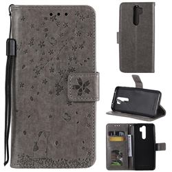 Embossing Cherry Blossom Cat Leather Wallet Case for Mi Xiaomi Redmi Note 8 Pro - Gray