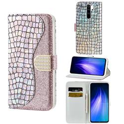 Glitter Diamond Buckle Laser Stitching Leather Wallet Phone Case for Mi Xiaomi Redmi Note 8 Pro - Pink