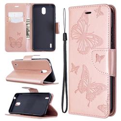 Embossing Double Butterfly Leather Wallet Case for Nokia 1.3 - Rose Gold