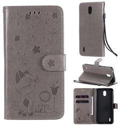 Embossing Bee and Cat Leather Wallet Case for Nokia 1.3 - Gray