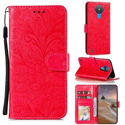 Intricate Embossing Lace Jasmine Flower Leather Wallet Case for Nokia 1.4 - Red