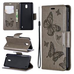 Embossing Double Butterfly Leather Wallet Case for Nokia 1 Plus (2019) - Gray