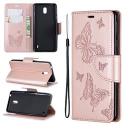 Embossing Double Butterfly Leather Wallet Case for Nokia 1 Plus (2019) - Rose Gold