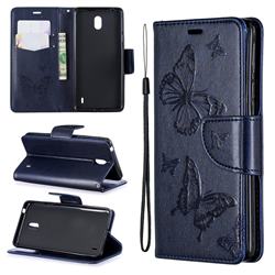 Embossing Double Butterfly Leather Wallet Case for Nokia 1 Plus (2019) - Dark Blue