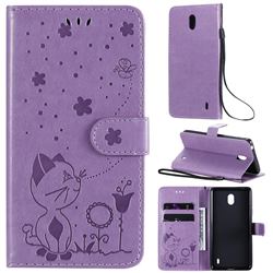 Embossing Bee and Cat Leather Wallet Case for Nokia 1 Plus (2019) - Purple