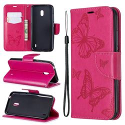 Embossing Double Butterfly Leather Wallet Case for Nokia 2.2 - Red