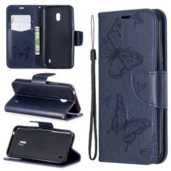 Embossing Double Butterfly Leather Wallet Case for Nokia 2.2 - Dark Blue