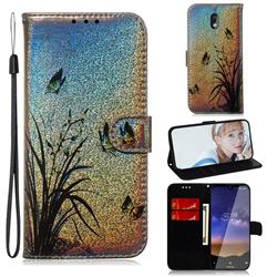 Butterfly Orchid Laser Shining Leather Wallet Phone Case for Nokia 2.2