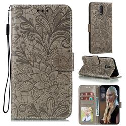 Intricate Embossing Lace Jasmine Flower Leather Wallet Case for Nokia 2.3 - Gray