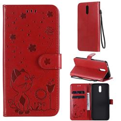 Embossing Bee and Cat Leather Wallet Case for Nokia 2.3 - Red