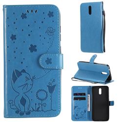 Embossing Bee and Cat Leather Wallet Case for Nokia 2.3 - Blue