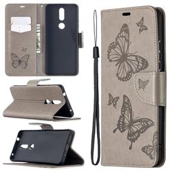 Embossing Double Butterfly Leather Wallet Case for Nokia 2.4 - Gray