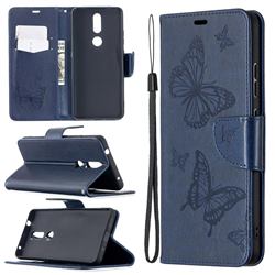 Embossing Double Butterfly Leather Wallet Case for Nokia 2.4 - Dark Blue