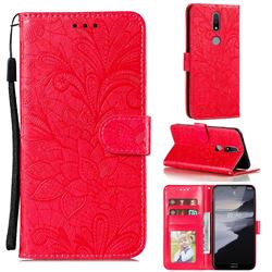 Intricate Embossing Lace Jasmine Flower Leather Wallet Case for Nokia 2.4 - Red