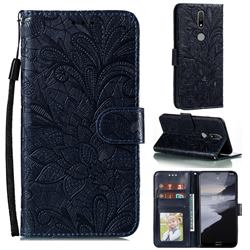 Intricate Embossing Lace Jasmine Flower Leather Wallet Case for Nokia 2.4 - Dark Blue