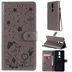 Embossing Bee and Cat Leather Wallet Case for Nokia 2.4 - Gray