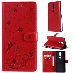 Embossing Bee and Cat Leather Wallet Case for Nokia 2.4 - Red