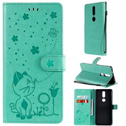 Embossing Bee and Cat Leather Wallet Case for Nokia 2.4 - Green