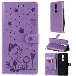 Embossing Bee and Cat Leather Wallet Case for Nokia 2.4 - Purple