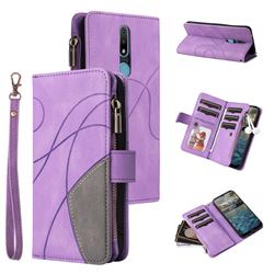 Luxury Two-color Stitching Multi-function Zipper Leather Wallet Case Cover for Nokia 2.4 - Purple