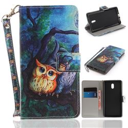 Oil Painting Owl Hand Strap Leather Wallet Case for Nokia 3 Nokia3