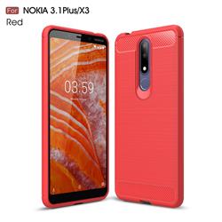 Luxury Carbon Fiber Brushed Wire Drawing Silicone TPU Back Cover for Nokia 3.1 Plus - Red