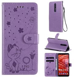 Embossing Bee and Cat Leather Wallet Case for Nokia 3.1 Plus - Purple