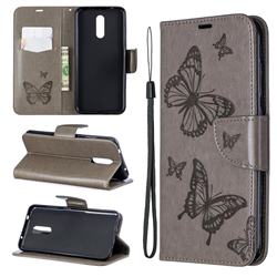 Embossing Double Butterfly Leather Wallet Case for Nokia 3.2 - Gray