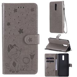 Embossing Bee and Cat Leather Wallet Case for Nokia 3.2 - Gray