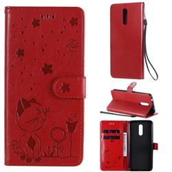 Embossing Bee and Cat Leather Wallet Case for Nokia 3.2 - Red