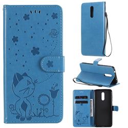Embossing Bee and Cat Leather Wallet Case for Nokia 3.2 - Blue