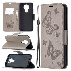 Embossing Double Butterfly Leather Wallet Case for Nokia 3.4 - Gray