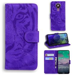 Intricate Embossing Tiger Face Leather Wallet Case for Nokia 3.4 - Purple