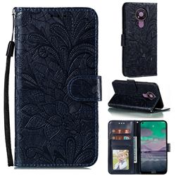 Intricate Embossing Lace Jasmine Flower Leather Wallet Case for Nokia 3.4 - Dark Blue