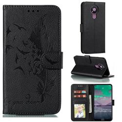 Intricate Embossing Lychee Feather Bird Leather Wallet Case for Nokia 3.4 - Black