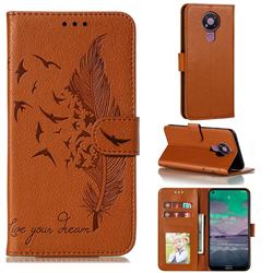 Intricate Embossing Lychee Feather Bird Leather Wallet Case for Nokia 3.4 - Brown